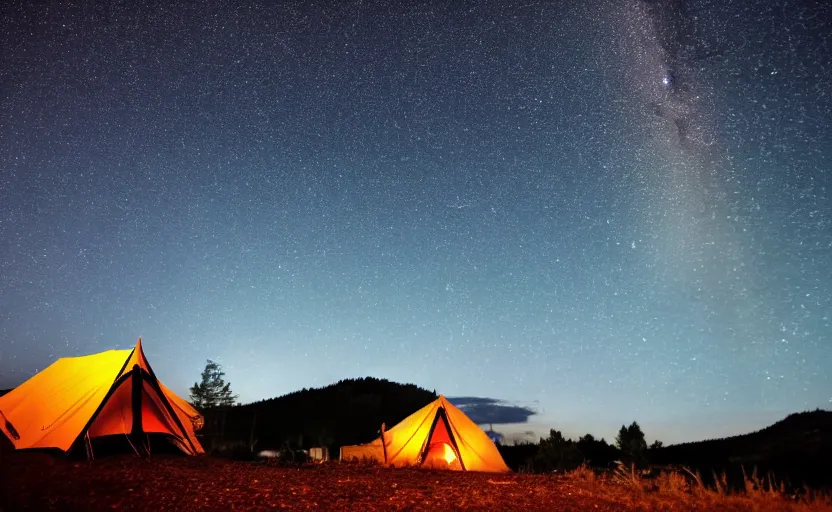 Image similar to night photography of the night sky with stars with a tent and fireplace in foreground