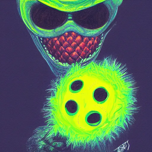 Image similar to a tennis ball monster wearing balaclava, digital art, fantasy, magic, trending on artstation, ultra detailed, professional illustration by Basil Gogos