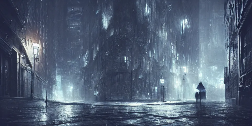 Image similar to a cold and melancholic city in a dark and rainy cavern, fantasy digital art, octane render, beautiful composition, trending on artstation, award - winning photograph, masterpiece