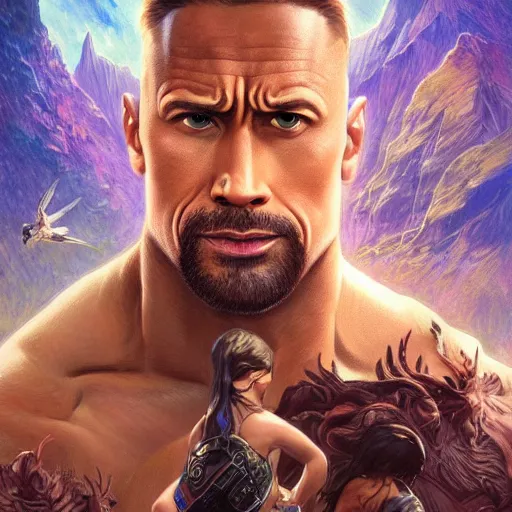 Image similar to Dwayne Johnson and Ryan Gosling Save the World, fantasy, intricate, elegant, highly detailed, digital painting, artstation, concept art, smooth, sharp focus, illustration, art by artgerm and greg rutkowski and alphonse mucha