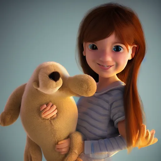 Prompt: a girl holding a stuffed animal in her arms, a storybook illustration by Pixar, trending on cgsociety, magical realism, storybook illustration, rendered in unreal engine, rendered in maya