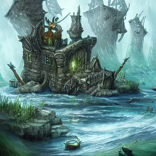 Prompt: drowned bandit lair, fantasy art