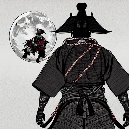 Image similar to A PORTRAIT FROM BEHIND OF A SAMURAI MAN VAGABOND WITH A MOON BEHIND HIM ,THE SAMURAI IS WRAPPED IN CHAINS ,detailed, concept art, ink style , sketch