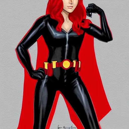Prompt: Black Widow, black jump suit, red hair, portrait, realistic proportions, smile, marvel comics, superheroine, concept art, realistic