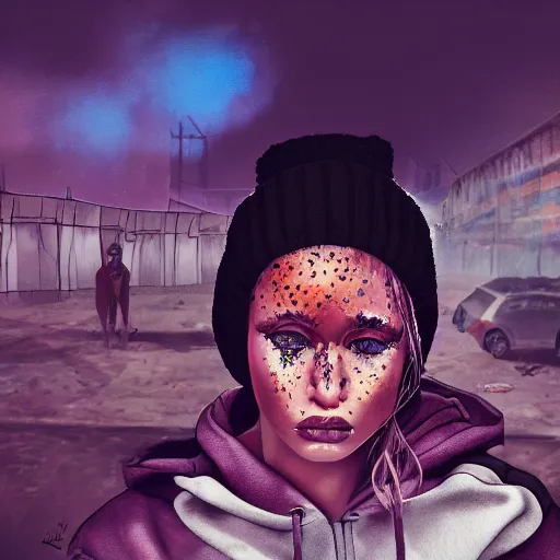 Image similar to digital painting of a streetwear woman holding back tears, a futuristic shanty town burns in the background, distress, tattoos, dark strokes, dark glitter, 4k, 8k, hd, full color, octane render, trending on artstation, highly detailed