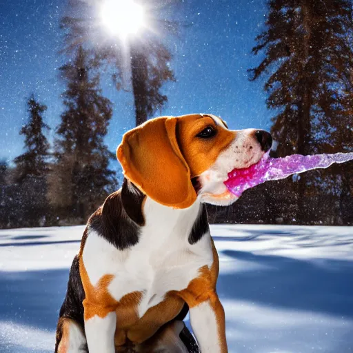 Prompt: a beagle made of ice eating a carrot made of ice. Photography. Highly detailed. 8K