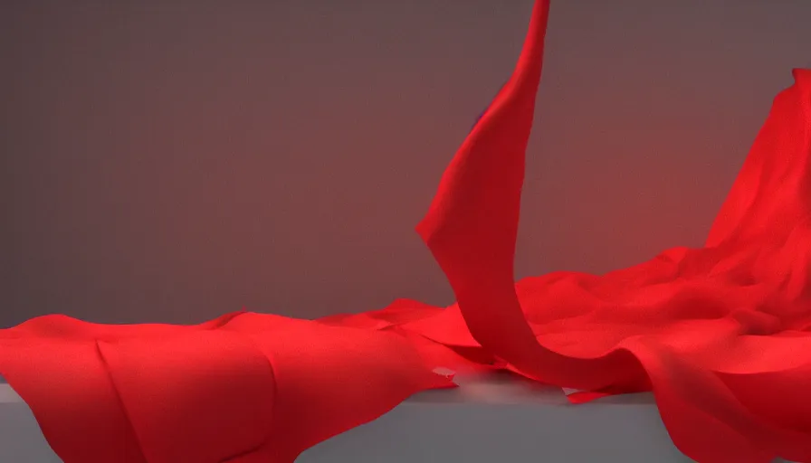 Image similar to red cloth floating, cloth simulation, photorealistic rendering, volumetric lighting, octane, redshift, 4 k