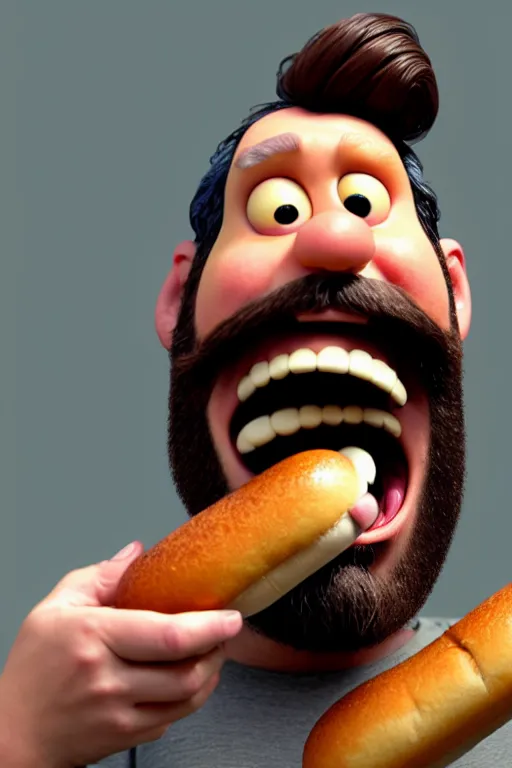 Image similar to pixar bearded man holding a hot dog, laughing, brown eyes, happy | glamorous oily soft polished rich ornate modern | weta disney pixar movie still photo | hi - fructose, sci fi fantasy, smooth, octane render, sharp focus, artstation, concept art | artgerm, mucha, rutkowski, feng zhu, wlop, loish