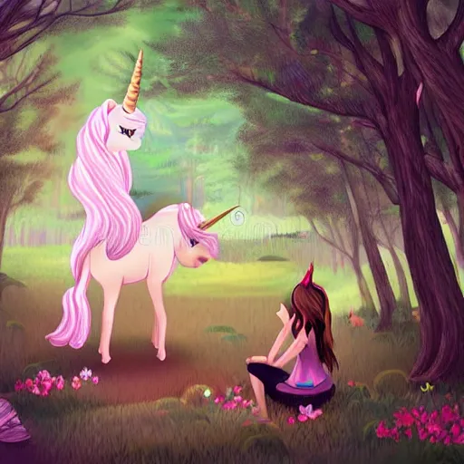 Prompt: girl hugging unicorn in forest, fantasy, illustration style of disney animation