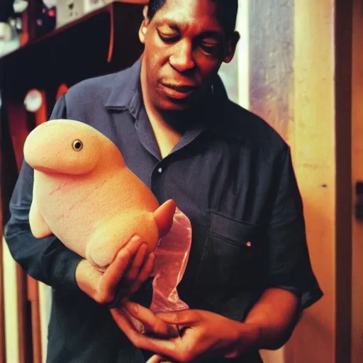 Prompt: john coltrane snuggling a blobfish