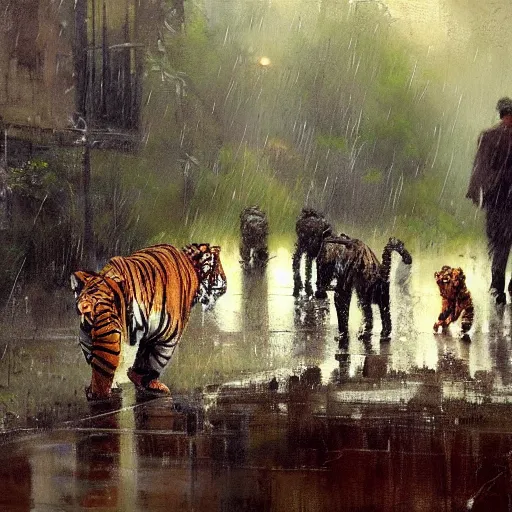 Image similar to tigers in the rain, painting by jeremy mann