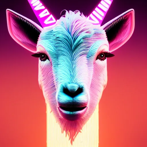Prompt: synthwave goat face with neon horns, detailed face, sharp focus, synthwave art, aesthetic, octane render