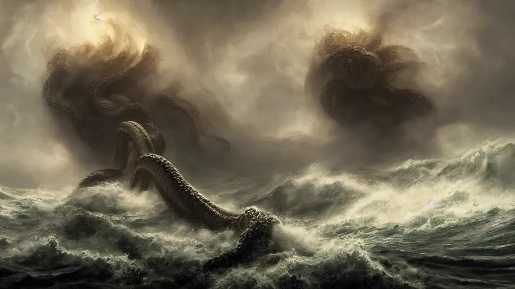 Prompt: giant massive kraken rising out a stormy ocean, near a small boat, stormy weather, intricate, detailed, volumetric lighting, scenery, digital painting, highly detailed, concept art, ruan jia, steve mccurry