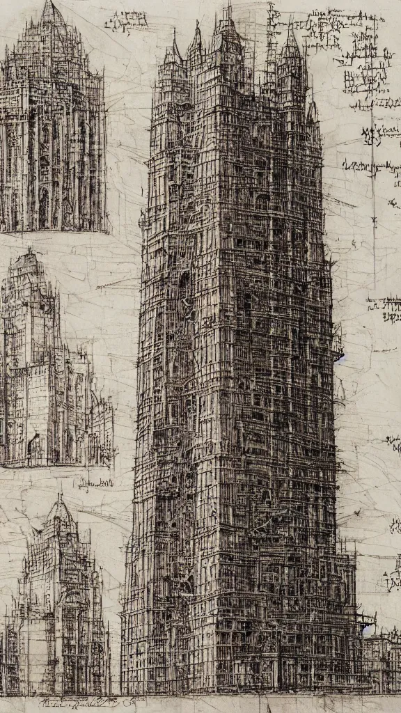 Prompt: architectural design studies of pise tower, schematics, notes, different closeup view, drawn by Leonardo da Vinci, chinese inkpen draw, artistic, intricated details