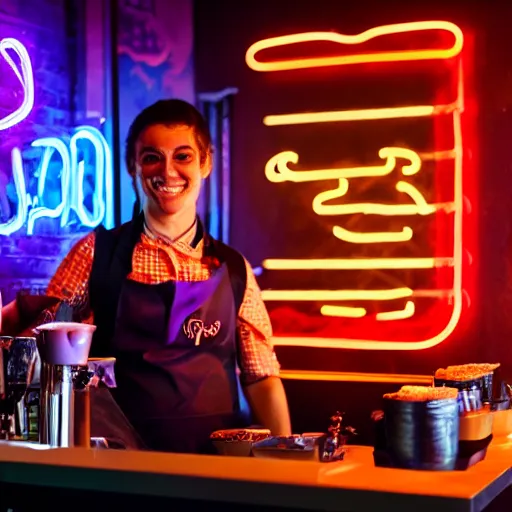 Prompt: a photograph of a vampire barista serving in a coffee shop at night with a neon sing in the background, studio lighting, 4k