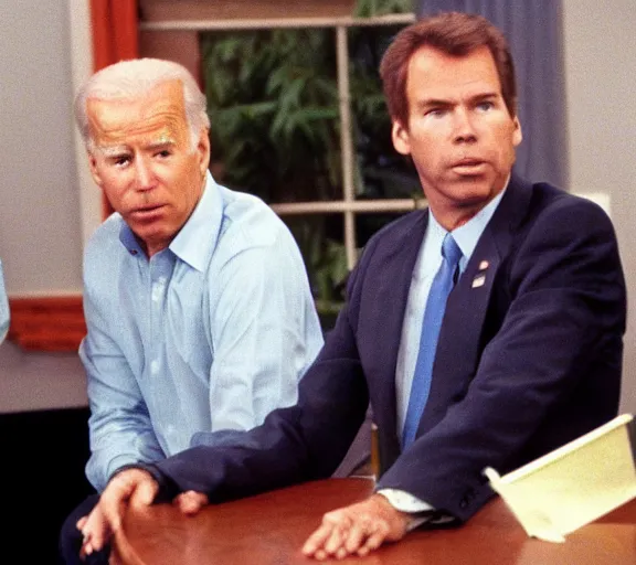 Prompt: color still shot of joe biden and chris hansen on to catch a predator 1 9 8 7, face closeup,