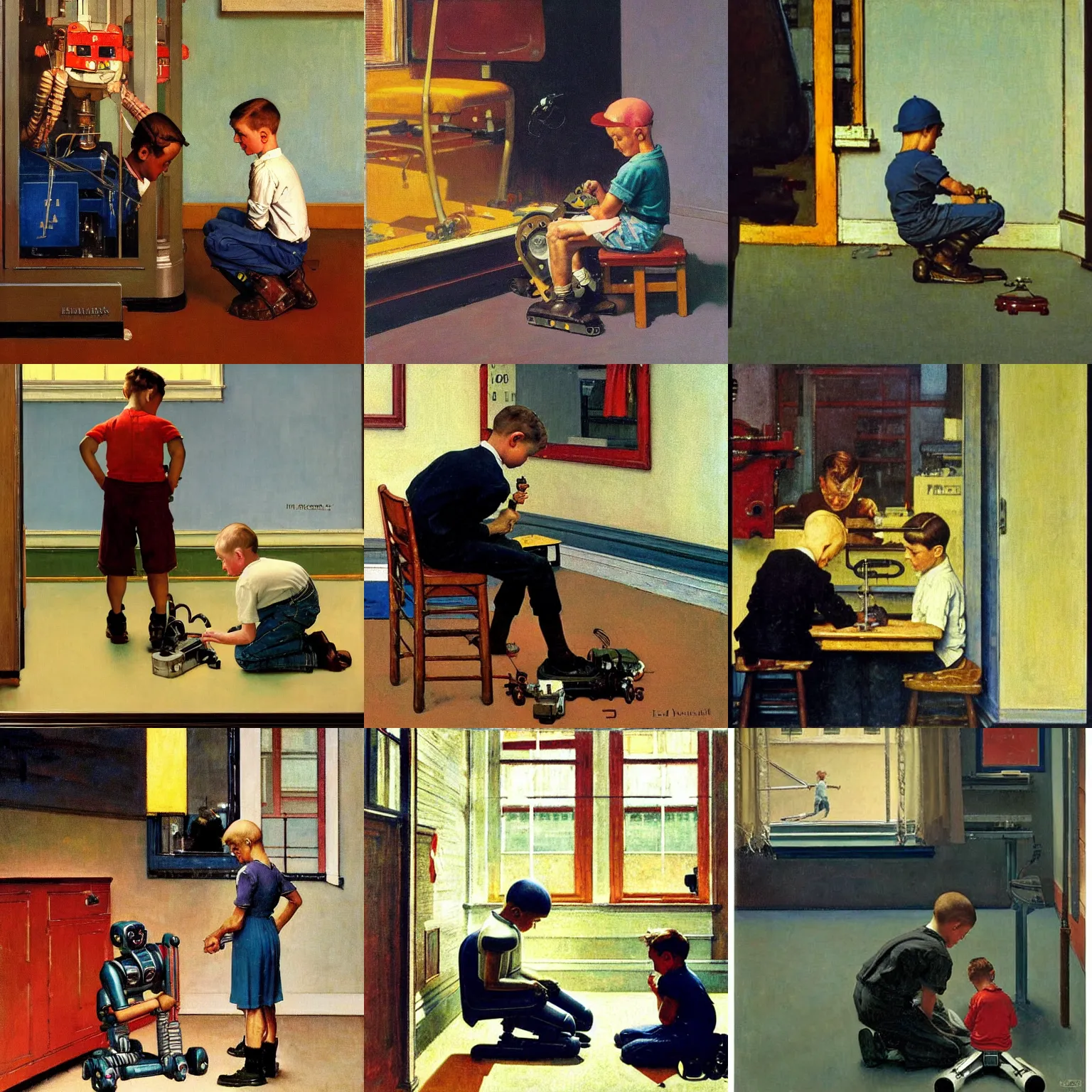 Prompt: a boy fixing his robot, part by Norman Rockwell, part by Edward Hopper , oil on canvas