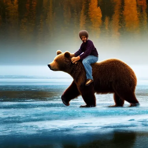 Image similar to a photo of bob ross riding on the back of brown bear in alaska at fall season, outdoor lighting, realistic, photo, national geographic photo, volumetric, fog