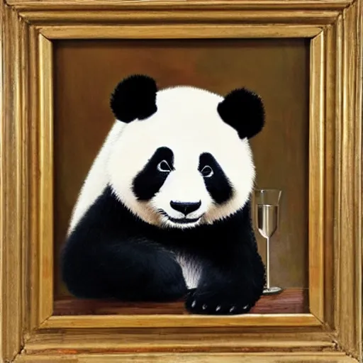 Prompt: oil in canvas of a sad panda drinking on a bar