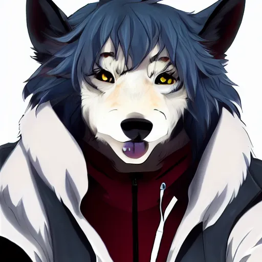 Image similar to key anime visual portrait of an anthropomorphic anthro wolf fursona, in a jacket, with handsome eyes, official anime art