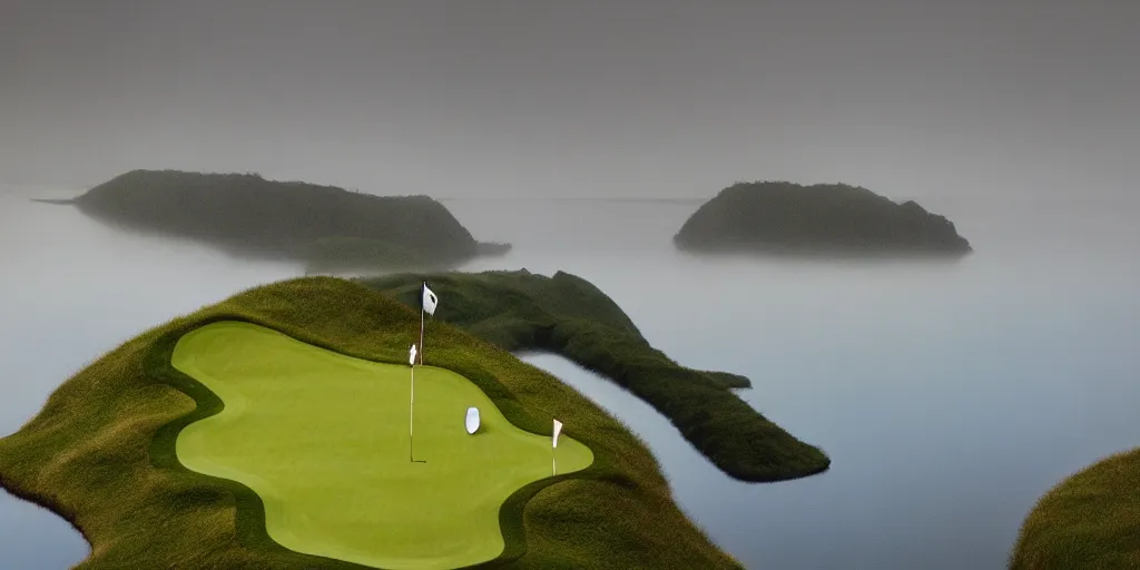 Prompt: a great photograph of the most amazing golf hole in the world completely surrounded by water, calm water, perfect light, loch ness monster, ambient light, miniature, tilt shift lens, golf digest, top 1 0 0, fog