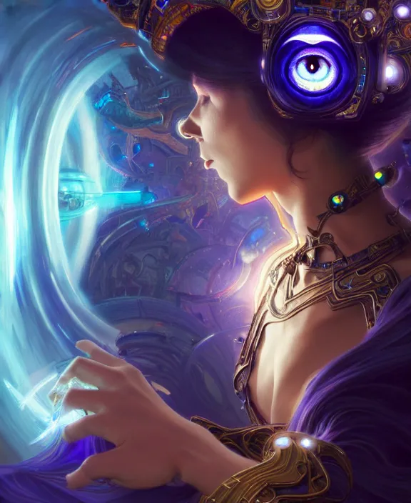 Image similar to a whirlwind of souls rushing inside the metaverse, half body, glowin eyes, tiara with sapphire, pharaoh, android, cyberpunk, d & d, fantasy, intricate, elegant, highly detailed, colorful, vivid color, digital painting, artstation, concept art, art by artgerm and greg rutkowski and alphonse mucha and ruan jia