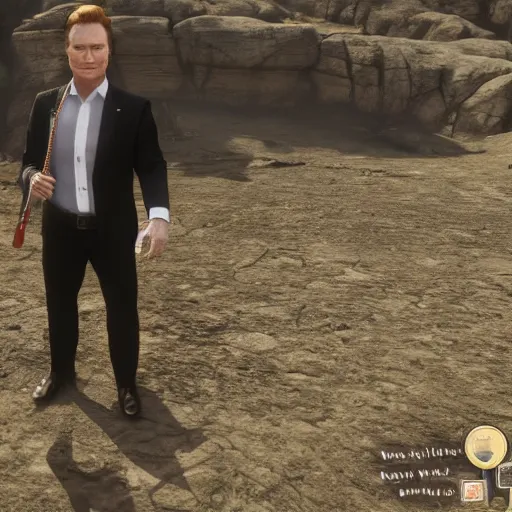 Image similar to Conan O'Brien as a holy preacher, in game screenshot of Red Redemption 2