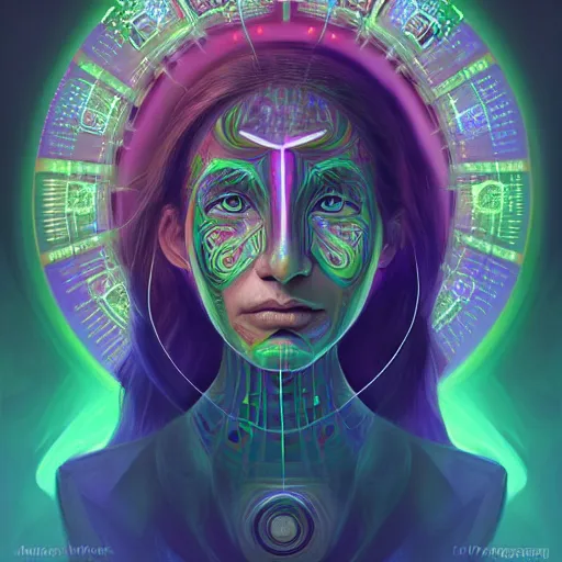 Prompt: portrait of a future metaverse Ayahuasca tech shaman warrior, 2D cartoon, visionary art, symmetric, Magick symbols, holy halo, shipibo patterns, sci-fi, concept art, trending on art station, 8k digital art, by Mandy Jurgens, fantasy art