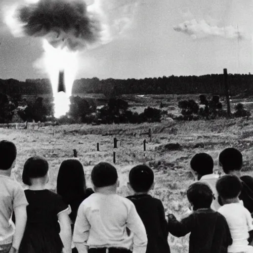 Image similar to group of kids watch as a nuclear bomb goes off in the background, nuclear detonation, burst, blow up, big mushroom cloud, group of kids watching an explosion in the distance