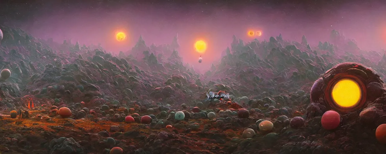 Image similar to ” outer planet with strange and mysterious eggs and larvae, [ art by paul lehr, cinematic, detailed, epic, widescreen, opening, establishing, mattepainting, photorealistic, realistic textures, octane render ] ”