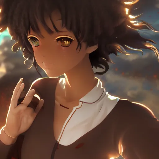 Image similar to a beautiful 3d brown anime girl, brown skin, black curly hair, Cinematic lighting, medium shot, in a anime masterpiece, highly detailed, artstation, unreal engine 4k, Cinematic wallpaper