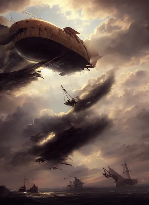 Prompt: pirate airship flying through the clouds, volumetric light rays painted by raymond swanland
