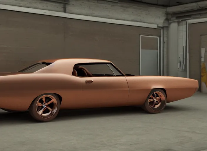 Prompt: classic muscle car with copper paint, in a workshop, concept art style by pablo carpio. global illumination ray tracing render. full view.