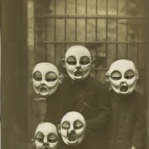 Prompt: portrait of children wearing masks, photograph, style of atget, 1 9 1 0, creepy, dark