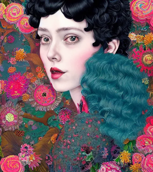 Image similar to beautiful girl, short black curly hair, round face : : by martine johanna and simon stalenhag and chie yoshii and casey weldon and guillermo del toro : : lake : : ornate, dynamic, particulate, rich colors, intricate, elegant, highly detailed, centered, artstation, smooth, sharp focus, octane render, 3 d