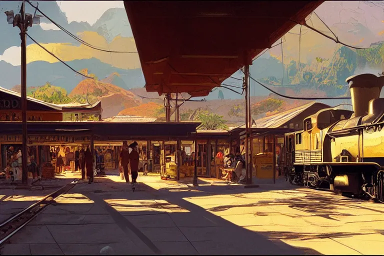 Prompt: idyllic old western train station illustration by syd mead artstation 4 k graphic novel concept art matte painting