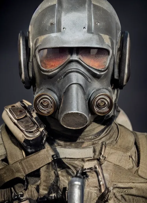 Prompt: spec - ops head with mask, fallout design, special forces, dark design, professional photo, intricate details