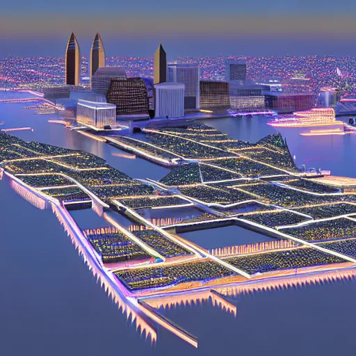 Image similar to hyper detailed 3 d render of baltimore's inner harbor, global illuminaton