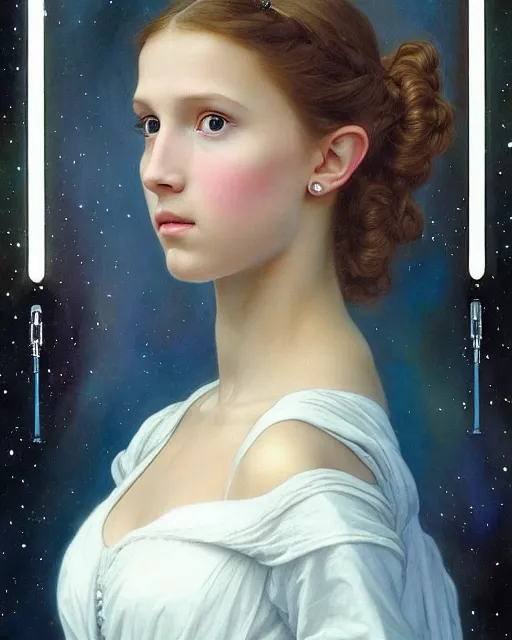 Prompt: a realistic portrait painting of a thoughtful girl resembling a young, shy, redheaded alicia vikander or millie bobby brown as a space princess wearing an incredible gown on a starship, from the latest star wars movie, highly detailed, intricate, by bouguereau, alphonse mucha, and donato giancola