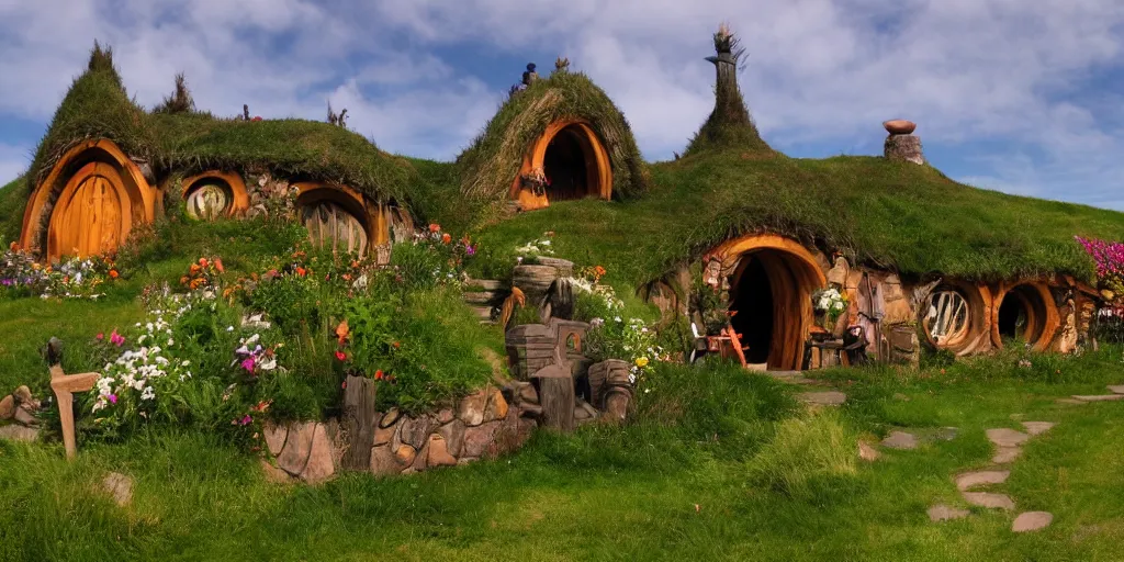 Image similar to hobbiton in the style of howl's moving castle