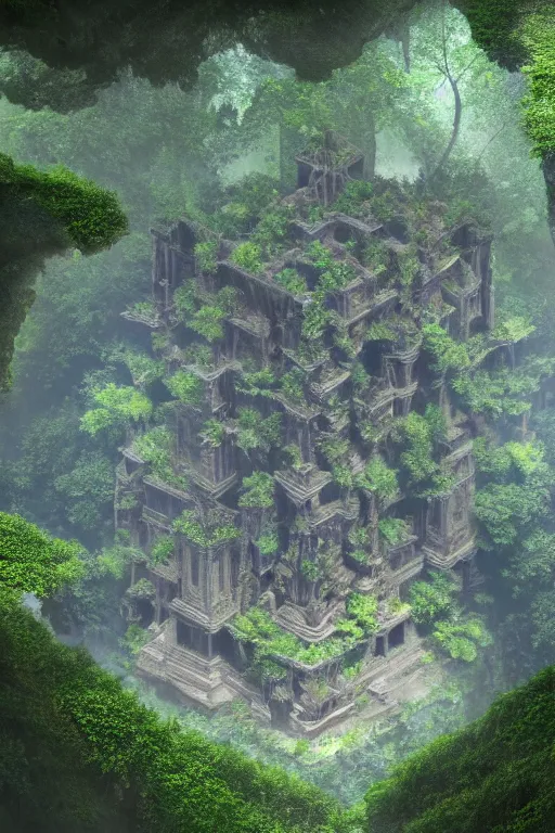 Prompt: ancient fractal temple, altar, primordial diamond radiating - sharp focus view of a megastructure in the hanging gardens of a radiant forest jungle, overgrown garden, scanned earth terrain fractal bridges, highly detailed erosion algorithm landscape, by albert bierdstat, by glenn small, high resolution, 8 k photorealism, god rays in volumes of fog, looking up perspective