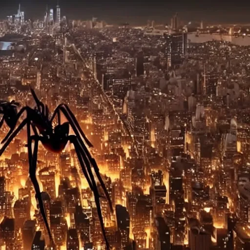 Image similar to giant cyborg ant walking over New York city, scary, movie still, 4k