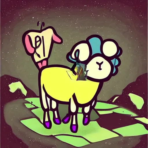 Image similar to the cult of lamb, colorful, cartoon, dark, cute