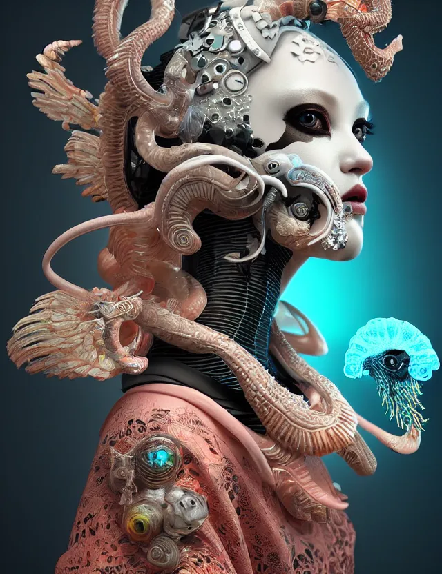 Image similar to 3 d goddess close - up profile portrait cyberpunk with ram skull. beautiful intricately detailed japanese crow kitsune mask and clasical japanese kimono. betta fish, jellyfish phoenix, bio luminescent, plasma, ice, water, wind, creature, artwork by tooth wu and wlop and beeple and greg rutkowski