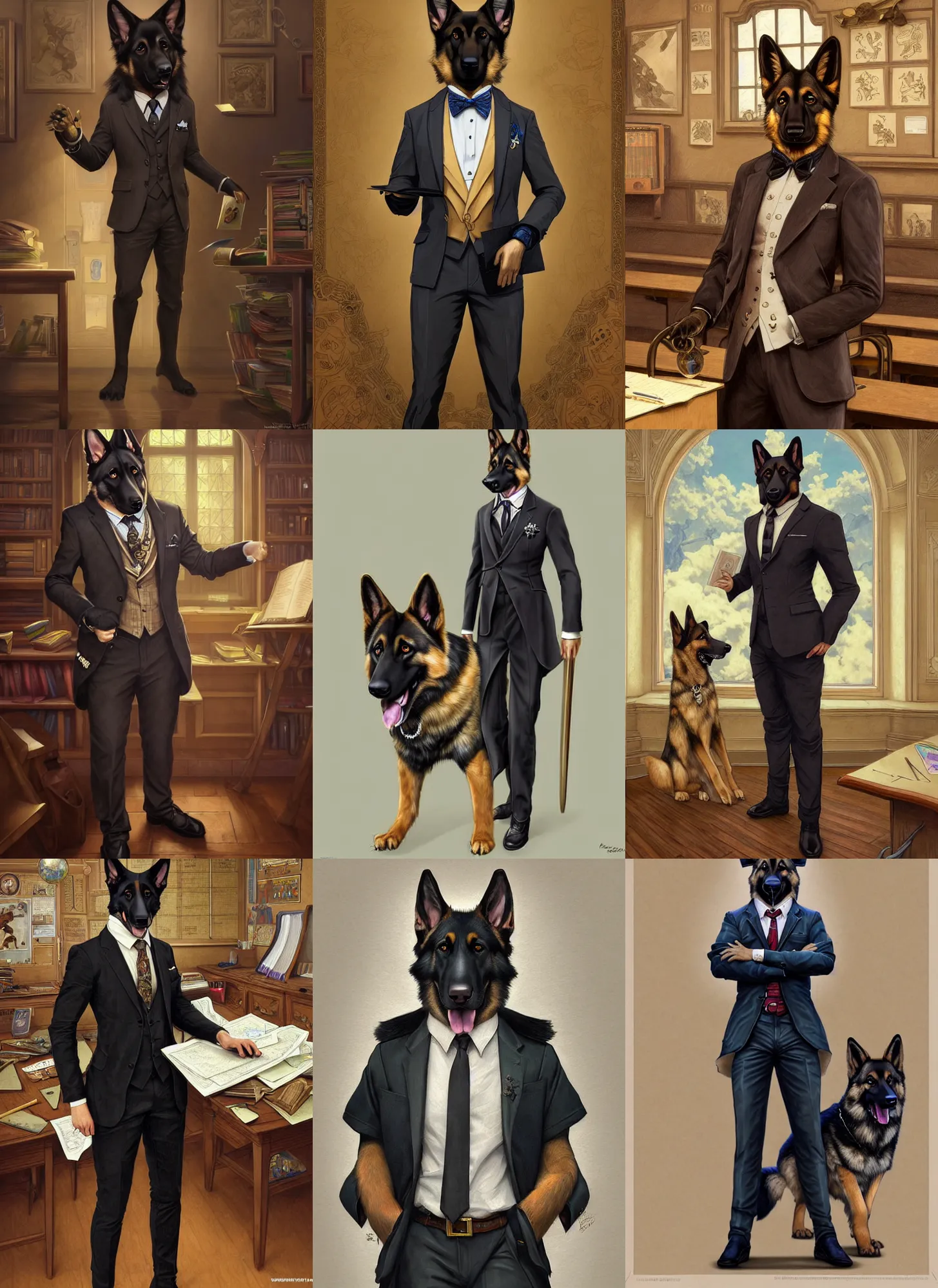 Prompt: full body photograph of a male anthropomorphic german shepherd fursona wearing a nice suit in a school classroom, deep focus, intricate, elegant, highly detailed, digital painting, artstation, concept art, matte, sharp focus, illustration, d & d, fantasy, hearthstone, art by artgerm and greg rutkowski and alphonse mucha