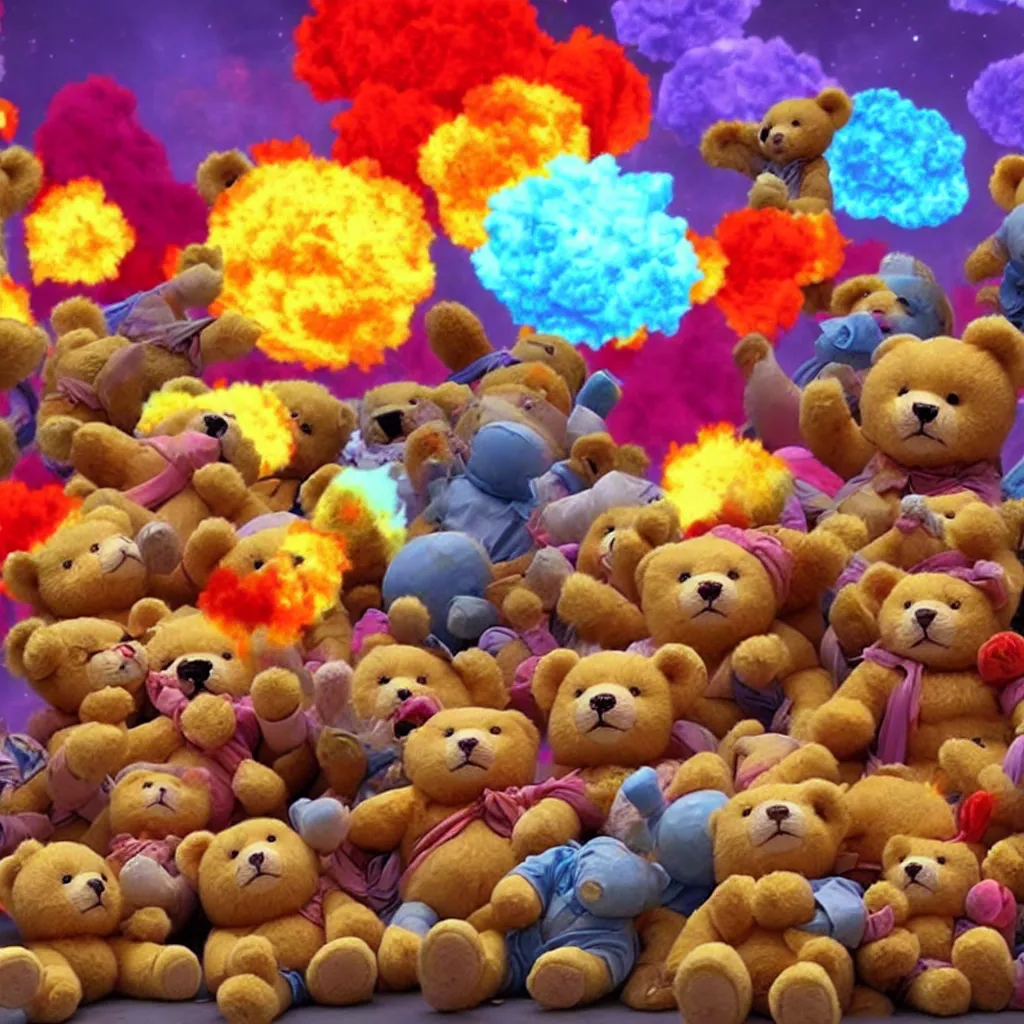 Image similar to a lot of teddy bears fights in epic battle, background a nuclear toxic multi - colored explosion in big town, psychedelic