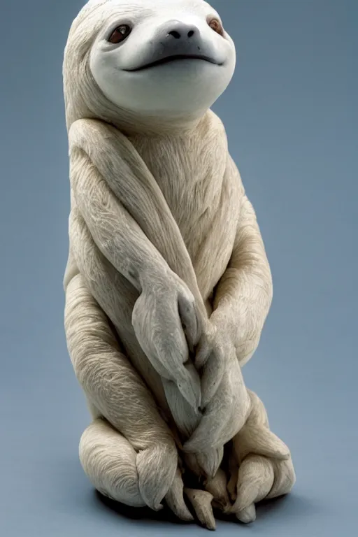 Image similar to white marble sculpture of a sloth wearing a tie, medium format film color photography