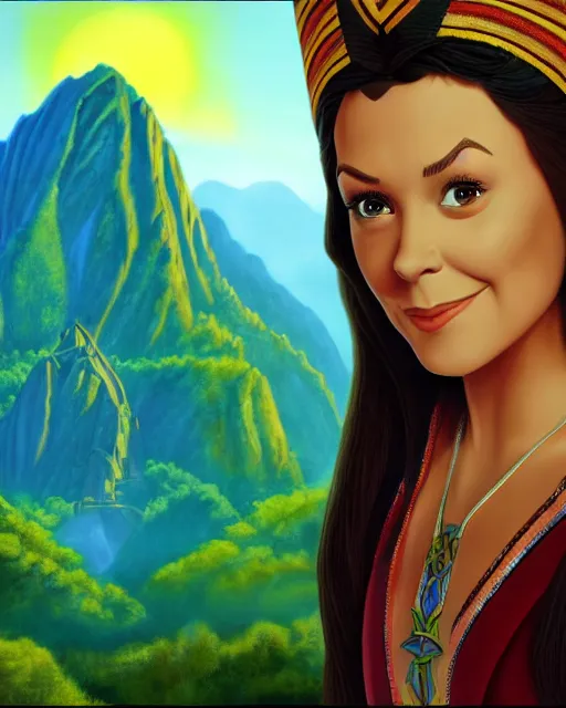 Image similar to charming young alyssa milano as an inca priest, by don bluth, fantasy environment, highly detailed, dynamic shadows, 4 k, wallpaper - 1 0 2 4