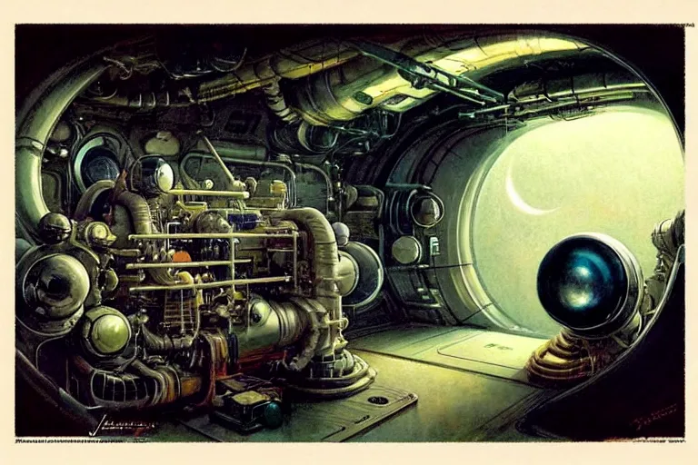 Prompt: ( ( ( ( ( 1 9 5 0 s retro science fiction space ship engine room interior scene. muted colors. ) ) ) ) ) by jean - baptiste monge!!!!!!!!!!!!!!!!!!!!!!!!!!!!!!