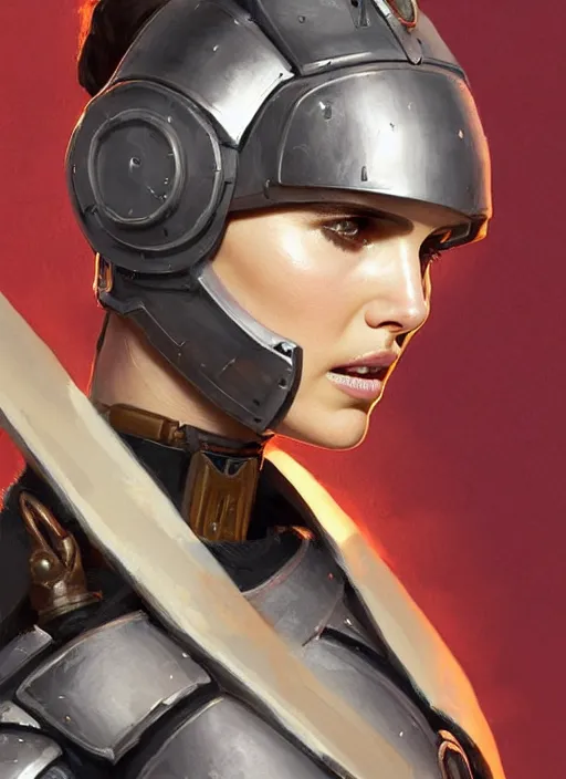 Prompt: a digital painting of Natalie Portman as a cyborg wearing a roman soldier outfit, by netter, style from greg rutkowski, beautiful eyes, long hair, full frame, oil painting, featured on artstation, concept art, smooth, sharp focus, illustration, very detailed, ambient lighting, unreal engine render, concept art by Atey Ghailan, by Loish, by Bryan Lee O'Malley